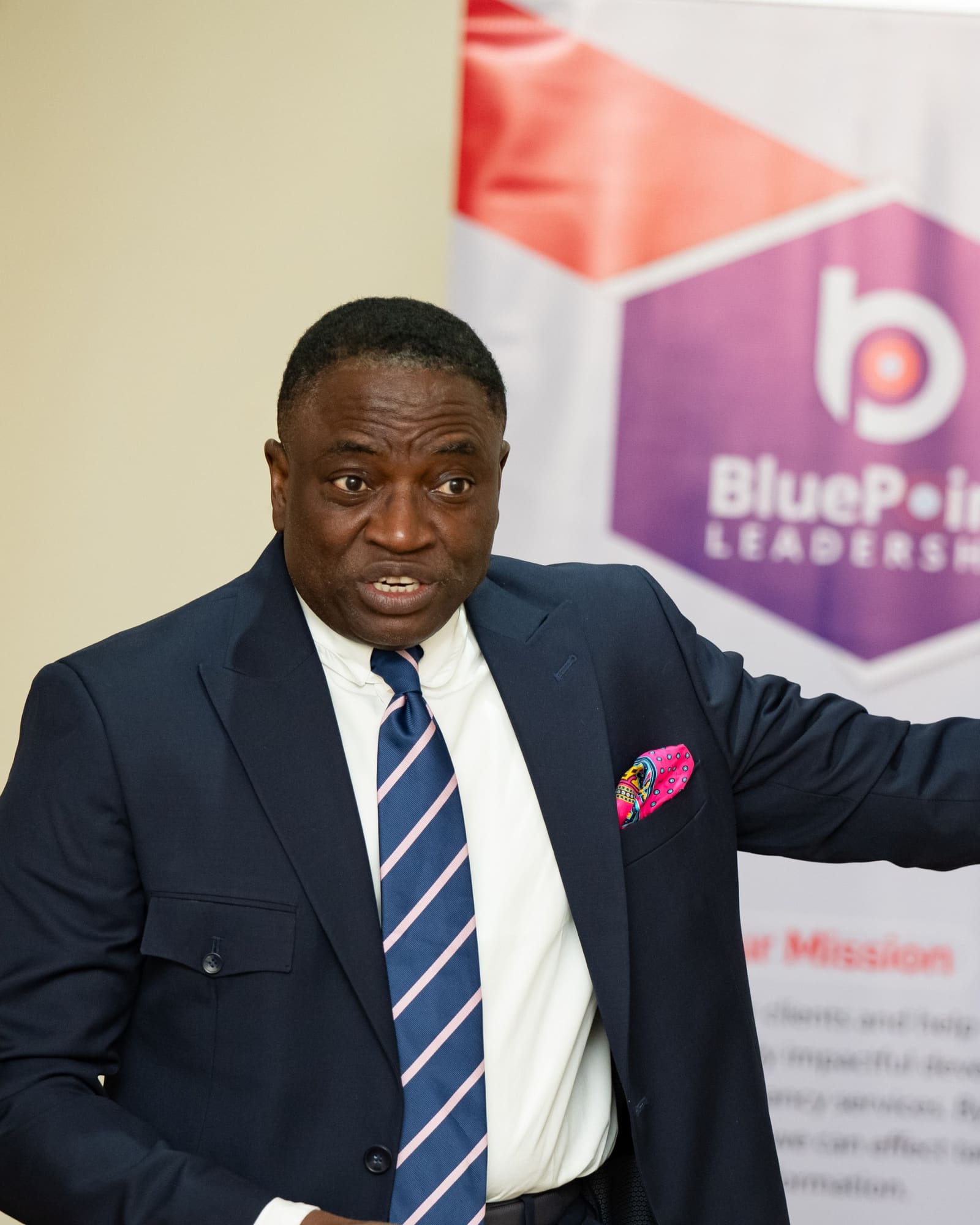 Major General Pat Akem-Vingir mid-teaching at a BluePoint Leadership session